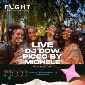Group of four smiling friends at an outdoor party with confetti, promoting a live DJ event: 'LIVE DJ DOW PICCO BY MICHELE'